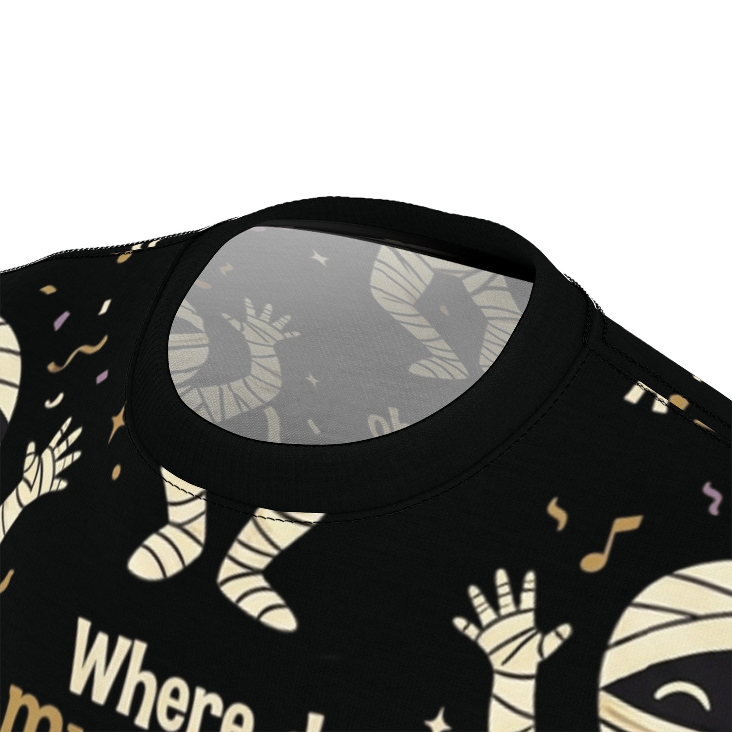 Halloween Mummy Joke All-Over Print Tee — "Where do mummies go to dance?"