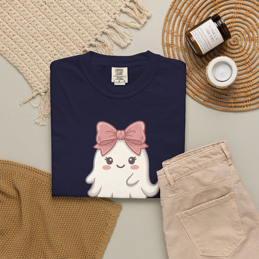 Cute Pink Bow Ghost T-Shirt — Kawaii Halloween Tee for Women & Kids