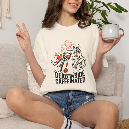 Dead Inside Caffeinated Skeleton T-shirt | Coffee Illustration