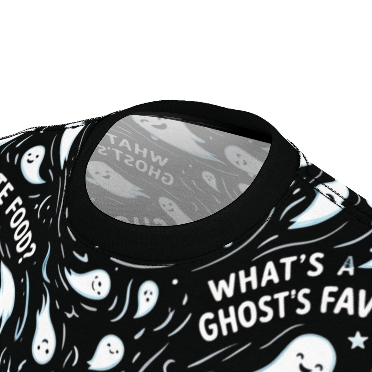 Ghost Pattern Tee — "Ghoul-ash! What's Ghosts' Favorite Food?" All-Over Print