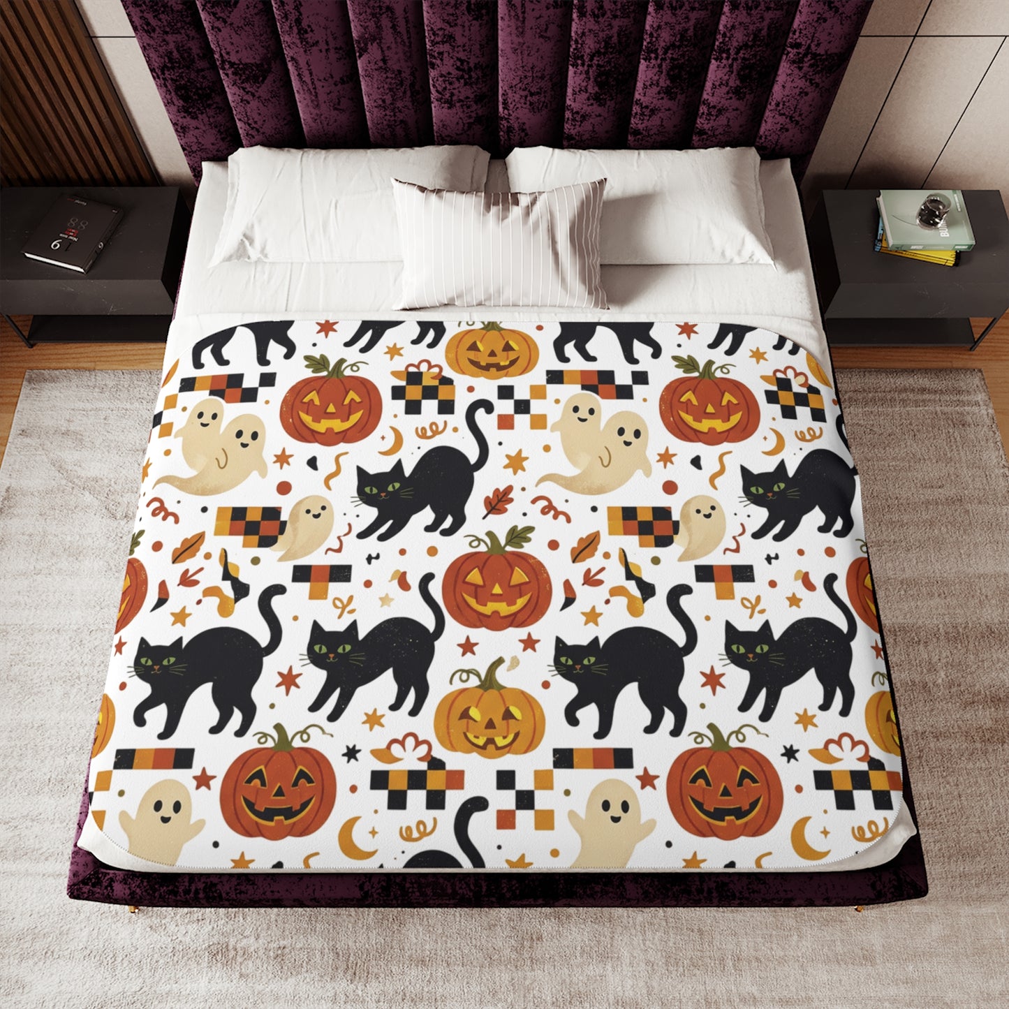 Halloween Cats and Pumpkins Sherpa Blanket | Ghosts, Jack-o'-Lanterns, Black Cats