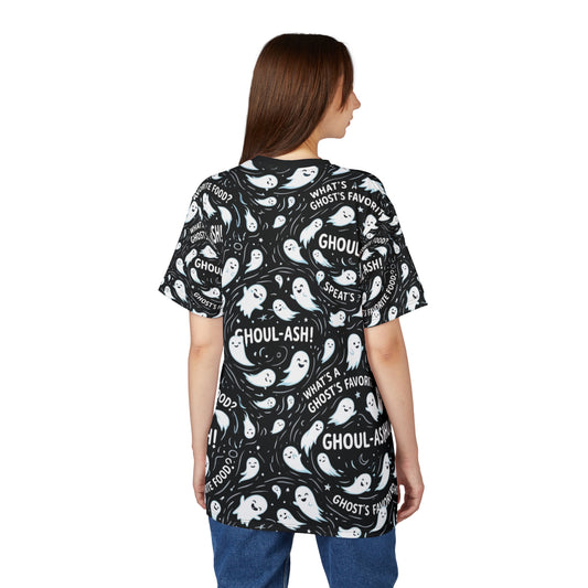 Ghost Pattern Tee — "Ghoul-ash! What's Ghosts' Favorite Food?" All-Over Print