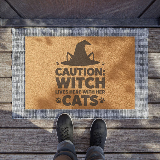 Doormat - "Caution: Witch Lives Here With Her Cats" Halloween Welcome Mat