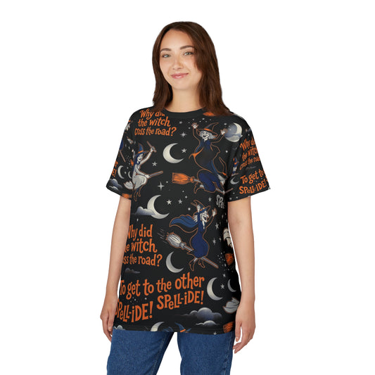 Halloween Witch Joke All-Over Print Tee — "Why Did the Witch Cross the Road? To Get to the Other Spell-ide!"