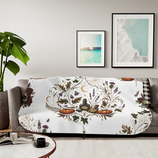 Vintage Apothecary Pumpkin Sherpa Blanket | Halloween Botanicals, Moon & Spiderweb