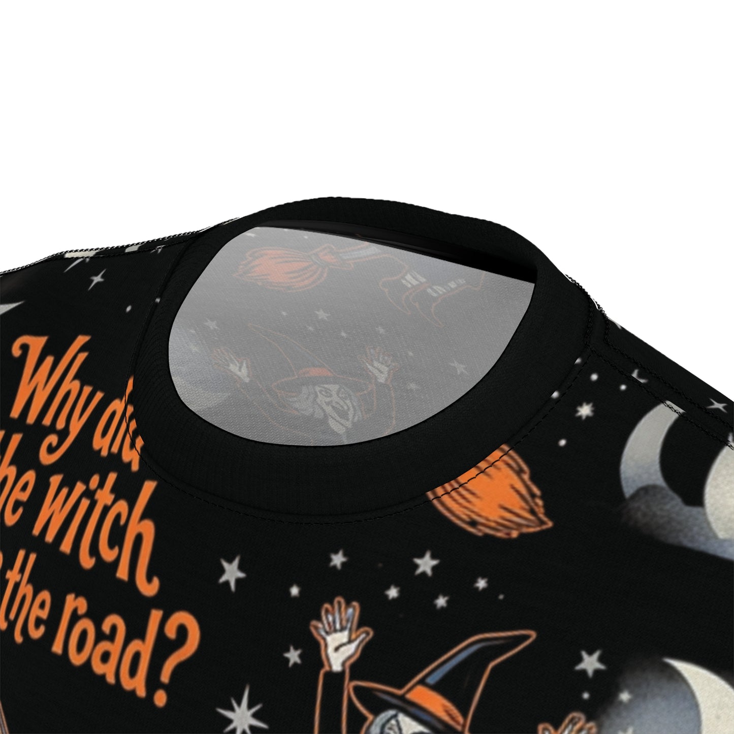 Halloween Witch Joke All-Over Print Tee — "Why Did the Witch Cross the Road? To Get to the Other Spell-ide!"