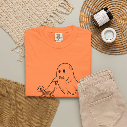 Ghost Walking a Skeleton Dog T-shirt | Trick or Treat Halloween Tee