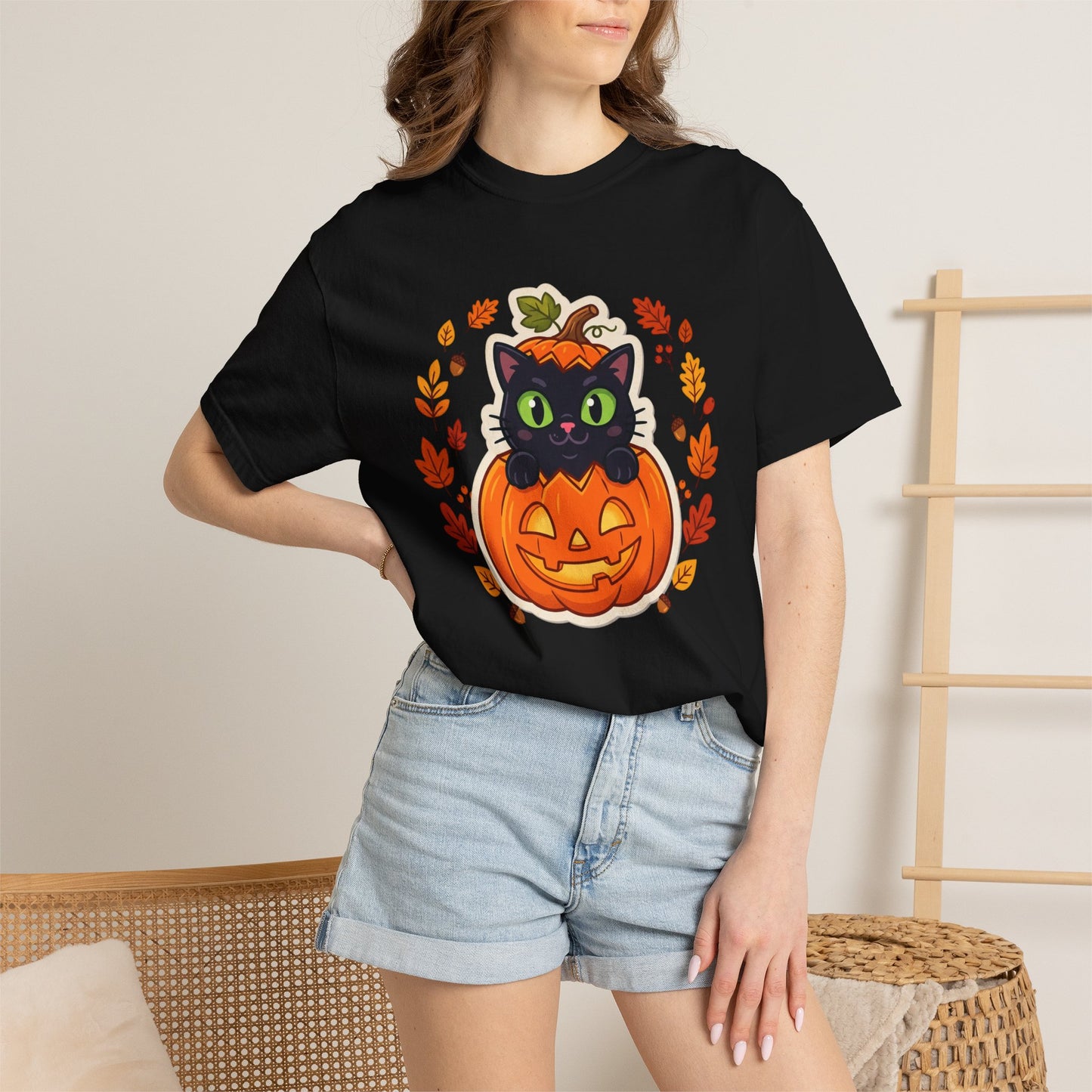 Black Cat in Jack-O'-Lantern Pumpkin T-shirt | Halloween Cat Shirt