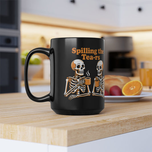 Spilling the Tea-rs Skeleton Coffee Mug — Funny Halloween Tea Mug (11oz/15oz)