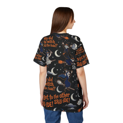 Halloween Witch Joke All-Over Print Tee — "Why Did the Witch Cross the Road? To Get to the Other Spell-ide!"