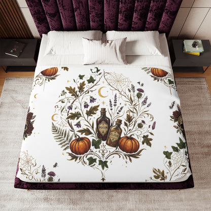 Vintage Apothecary Pumpkin Sherpa Blanket | Halloween Botanicals, Moon & Spiderweb
