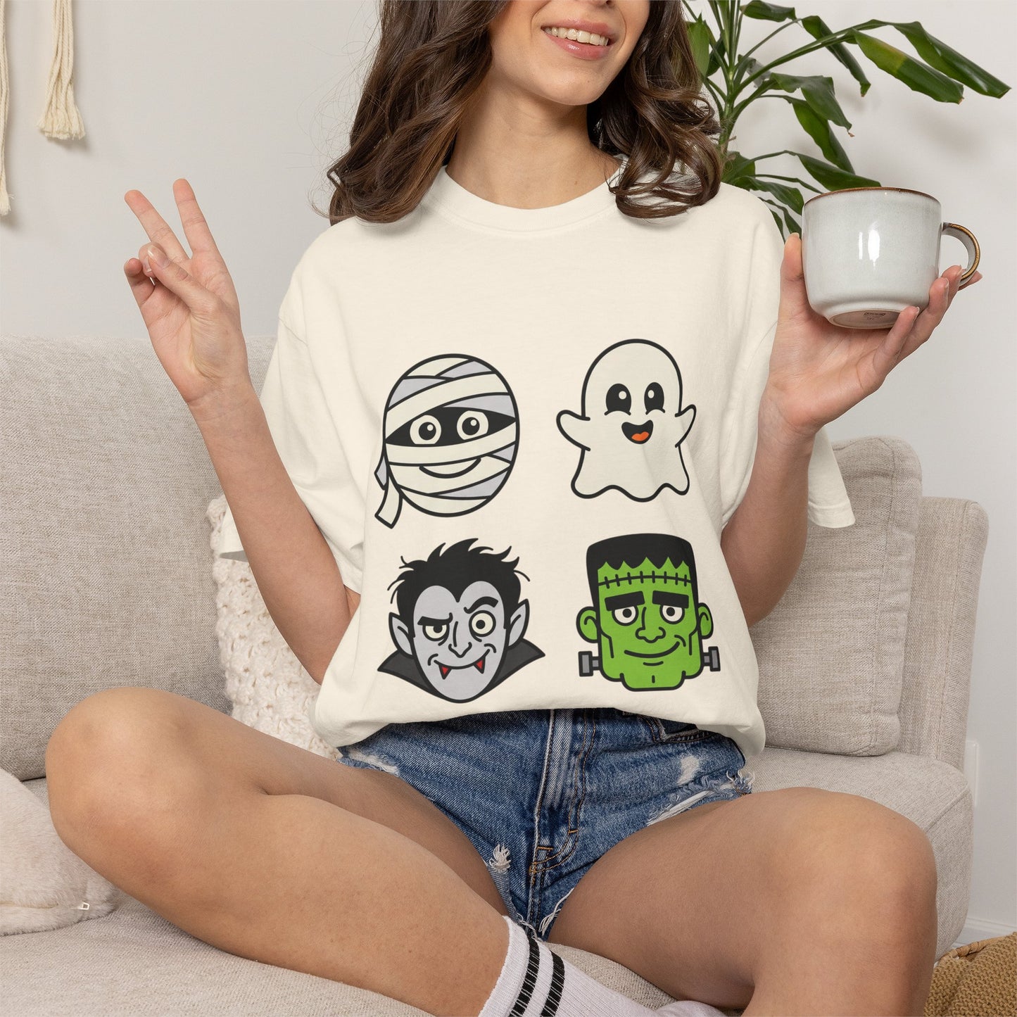 Halloween Monster Face T-Shirt — Cute Mummy, Ghost, Vampire & Frankenstein Tee
