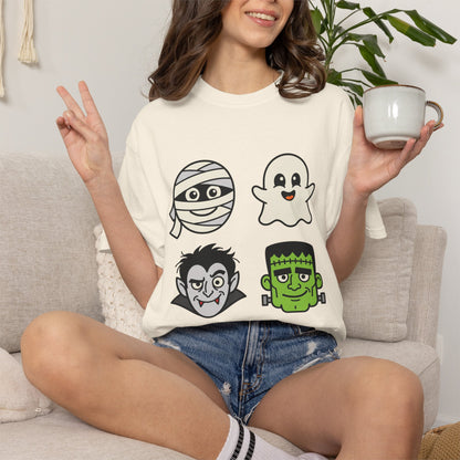 Halloween Monster Face T-Shirt — Cute Mummy, Ghost, Vampire & Frankenstein Tee
