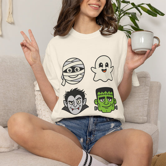 Halloween Monster Face T-Shirt — Cute Mummy, Ghost, Vampire & Frankenstein Tee