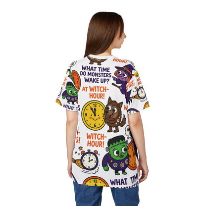 Kids' Halloween All-Over Print Tee — "What Time Do Monsters Wake Up?" Witch Hour Cartoon Design