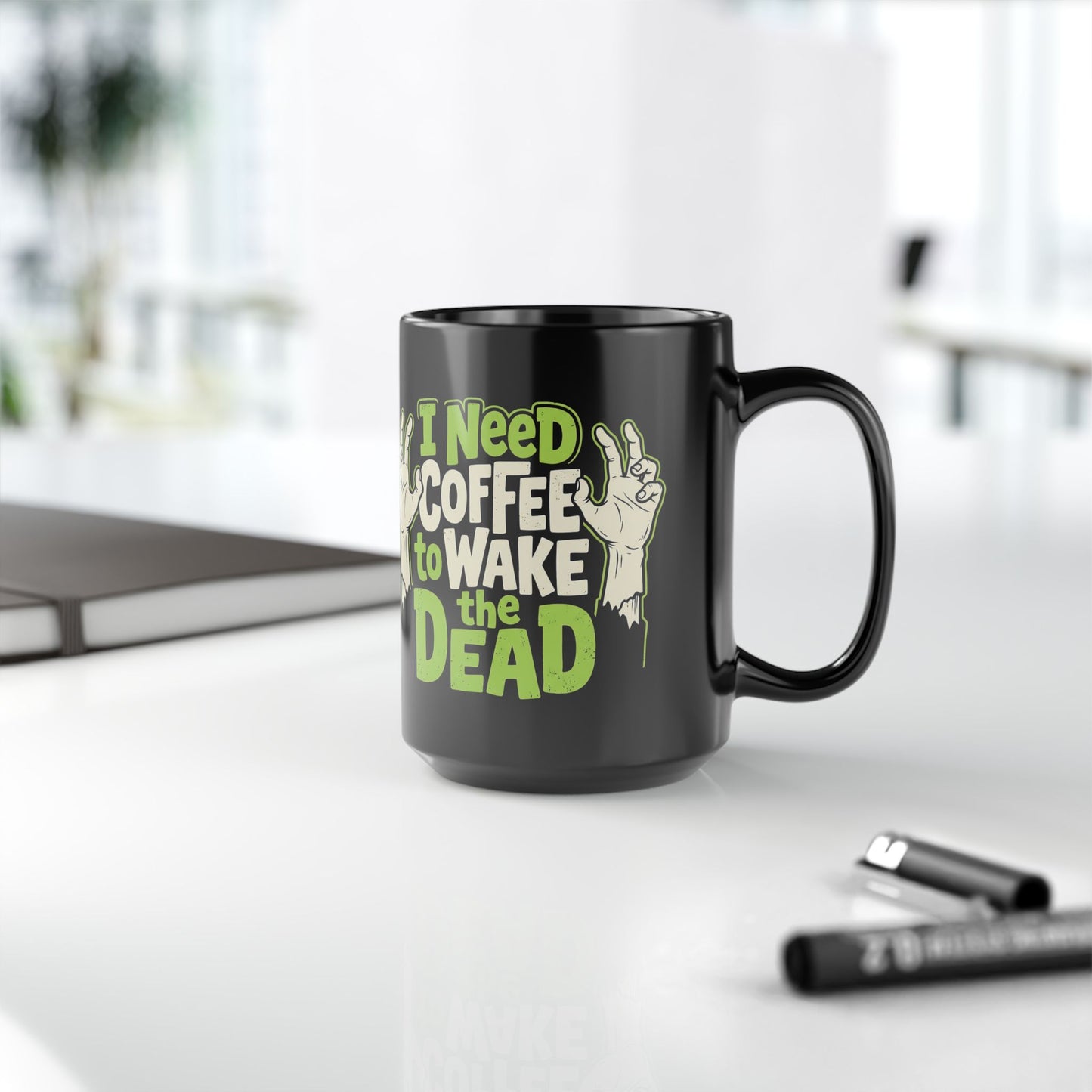 I Need Coffee to Wake the Dead Mug — Funny Zombie Halloween Coffee Cup (Black, 11oz/15oz)