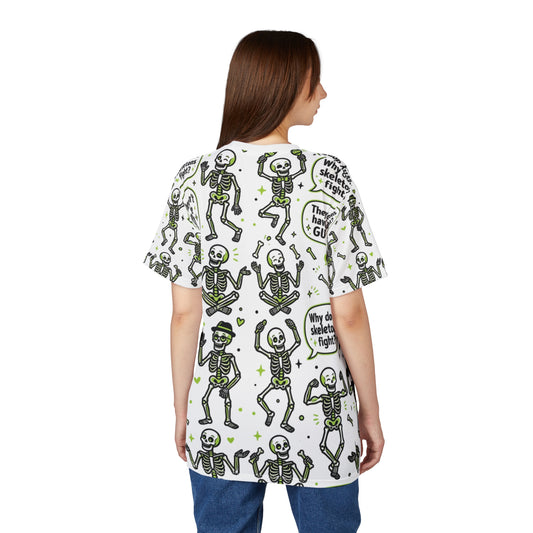 Skeletons Pattern Tee — Funny "Why don't skeletons fight? They don't have the GUTS!" All-Over Print Shirt