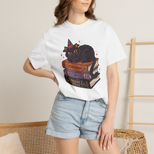 Witchy Cat on Spellbooks T-Shirt – Cute Black Cat Witchy Graphic Tee