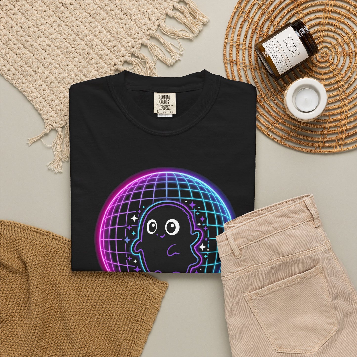 Cute Ghost in Neon Grid T-shirt | Retro Vaporwave Spirit Tee