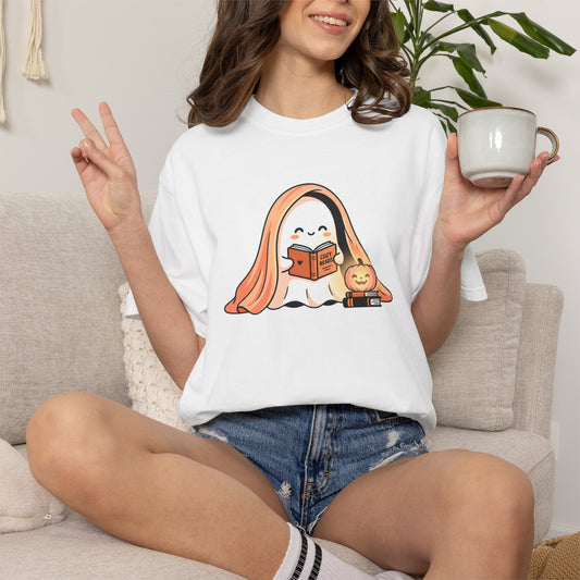 Ghost Reading Book shirt | Cute Halloween pumpkin illustration