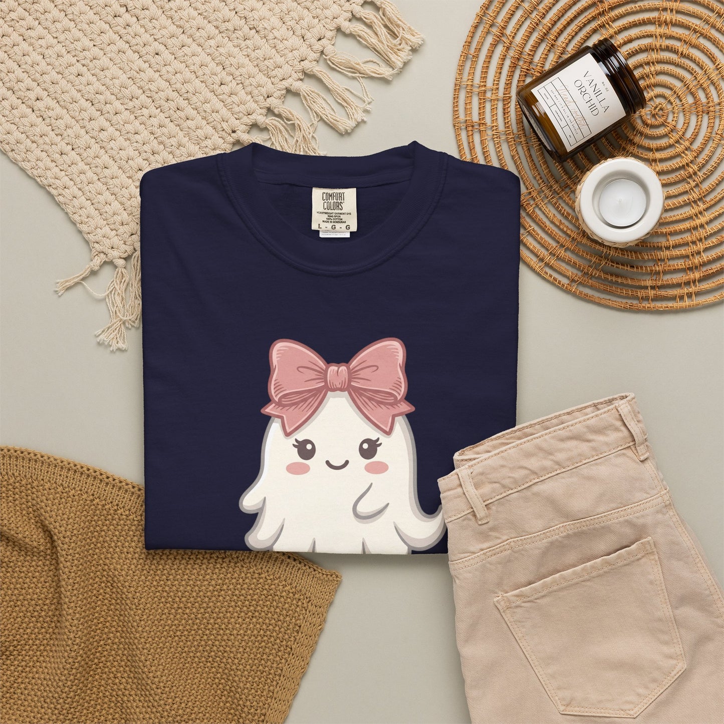 Cute Pink Bow Ghost T-Shirt — Kawaii Halloween Tee for Women & Kids