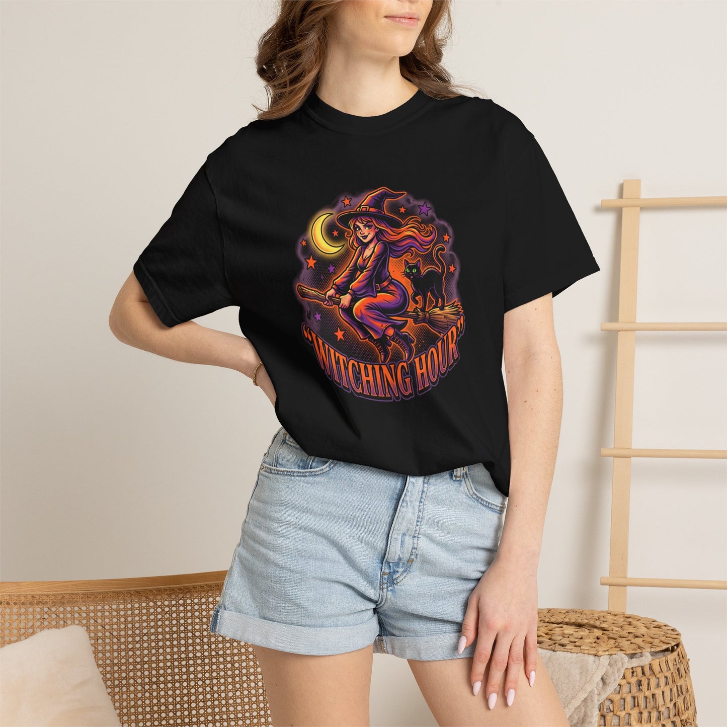 Witching Hour witch on broom T-Shirt | Halloween moon magic