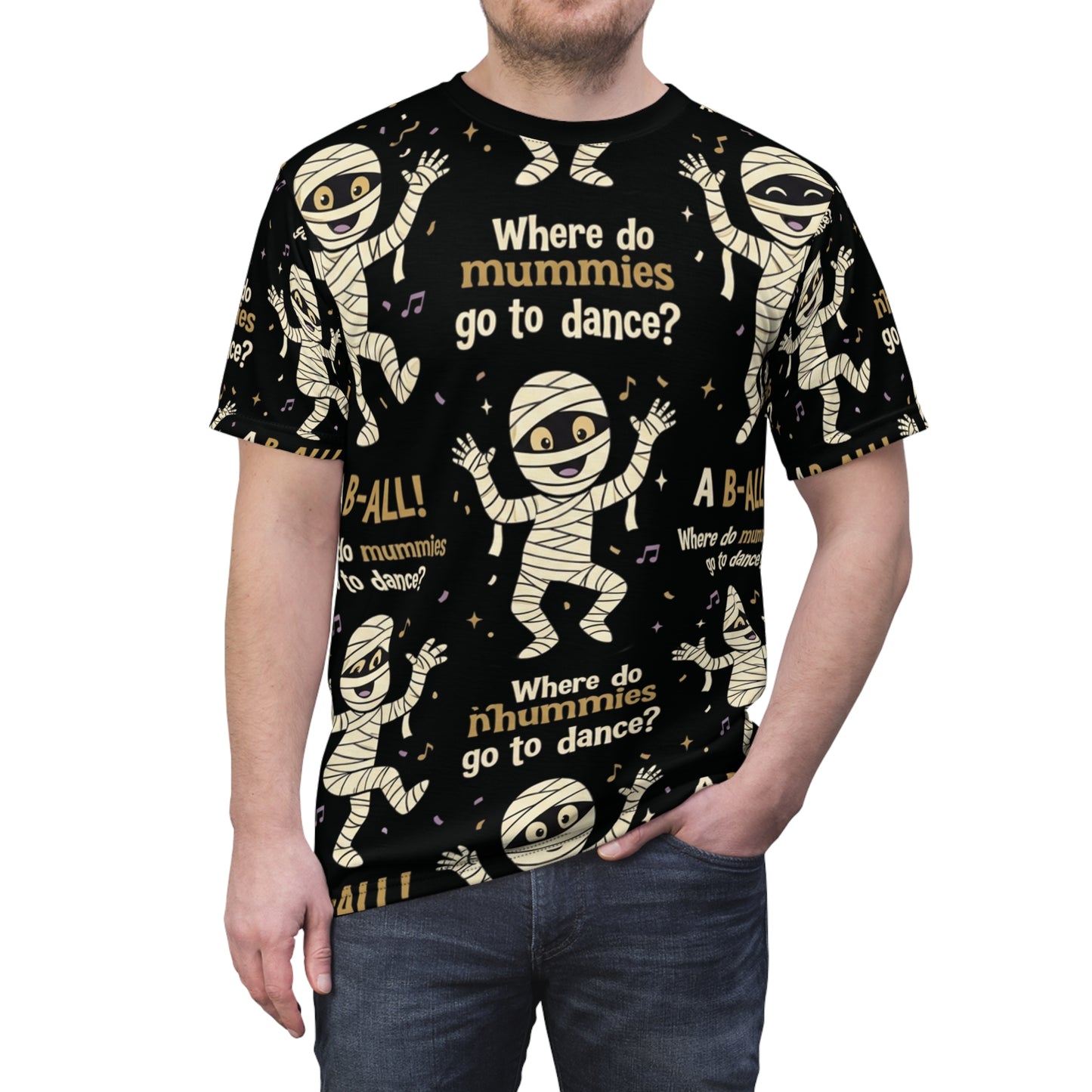 Halloween Mummy Joke All-Over Print Tee — "Where do mummies go to dance?"