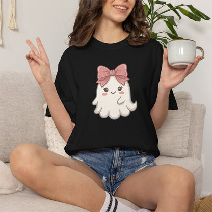 Cute Pink Bow Ghost T-Shirt — Kawaii Halloween Tee for Women & Kids