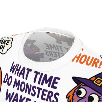 Kids' Halloween All-Over Print Tee — "What Time Do Monsters Wake Up?" Witch Hour Cartoon Design