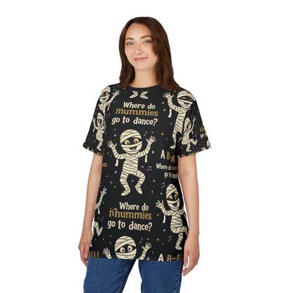 Halloween Mummy Joke All-Over Print Tee — "Where do mummies go to dance?"