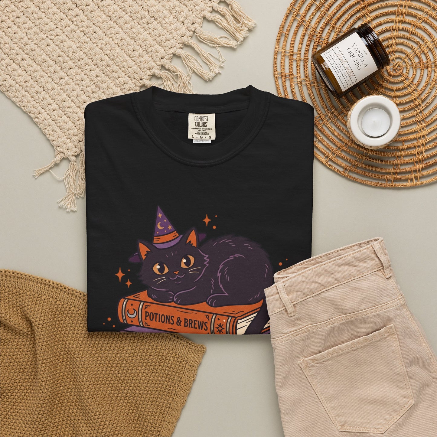 Witchy Cat on Spellbooks T-Shirt – Cute Black Cat Witchy Graphic Tee