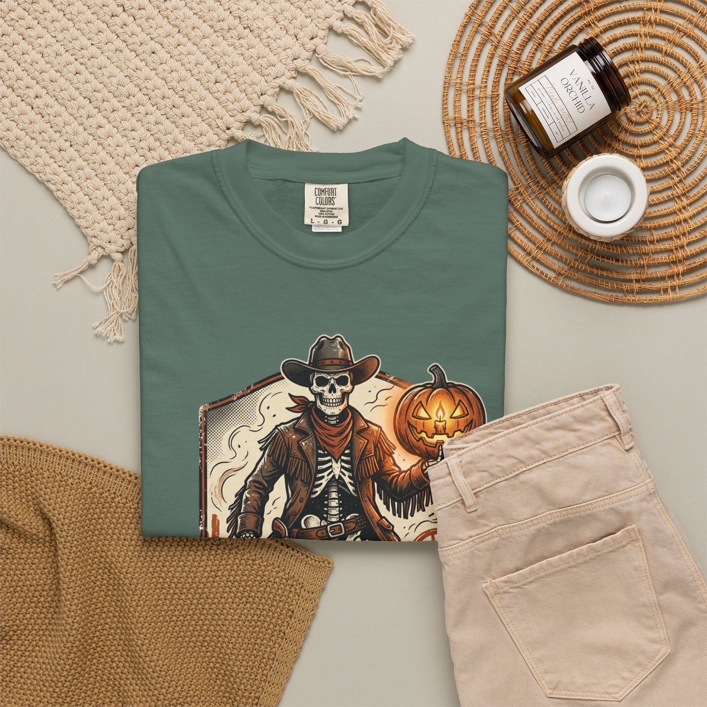 Skeleton Cowboy Halloween T-Shirt — Spooky 'Spooky Frontier' Pumpkin Design