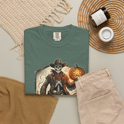Skeleton Cowboy Halloween T-Shirt — Spooky 'Spooky Frontier' Pumpkin Design