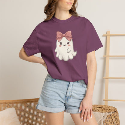 Cute Pink Bow Ghost T-Shirt — Kawaii Halloween Tee for Women & Kids