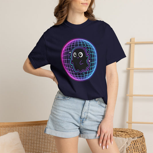 Cute Ghost in Neon Grid T-shirt | Retro Vaporwave Spirit Tee