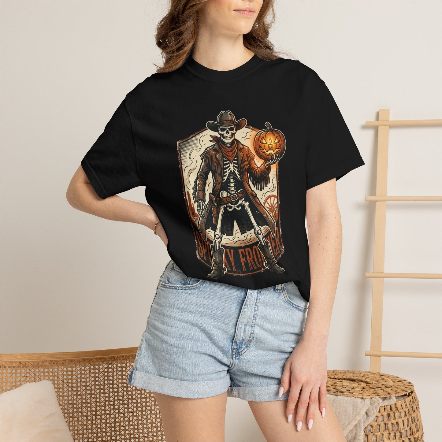 Skeleton Cowboy Halloween T-Shirt — Spooky 'Spooky Frontier' Pumpkin Design