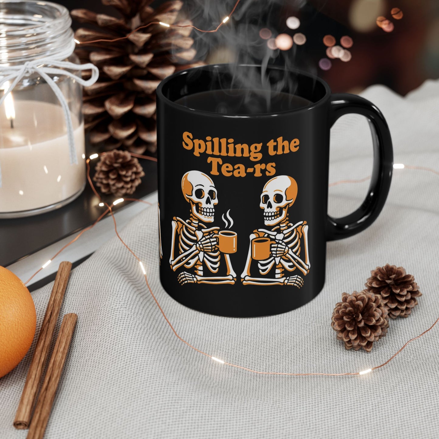 Spilling the Tea-rs Skeleton Coffee Mug — Funny Halloween Tea Mug (11oz/15oz)
