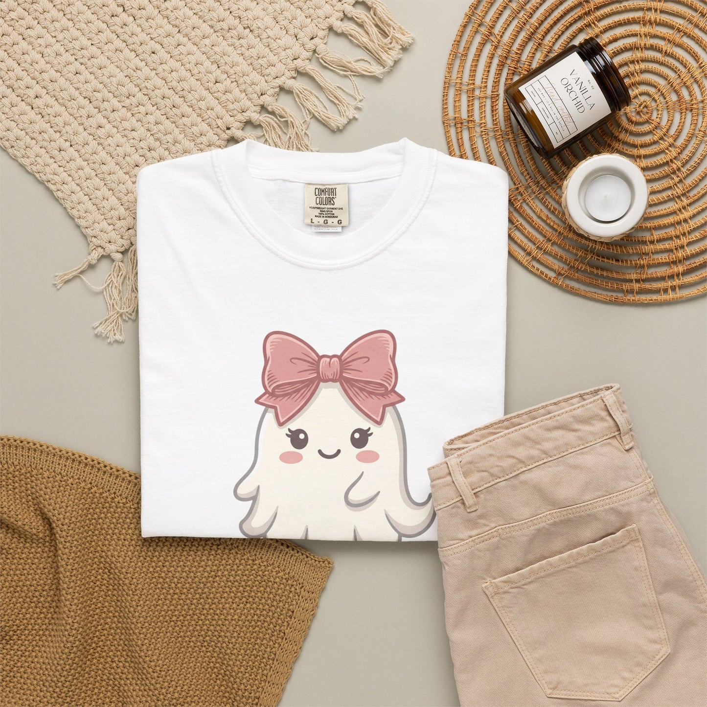Cute Pink Bow Ghost T-Shirt — Kawaii Halloween Tee for Women & Kids