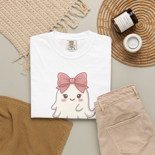 Cute Pink Bow Ghost T-Shirt — Kawaii Halloween Tee for Women & Kids