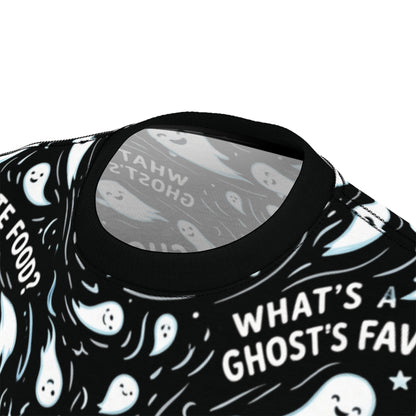 Ghost Pattern Tee — "Ghoul-ash! What's Ghosts' Favorite Food?" All-Over Print