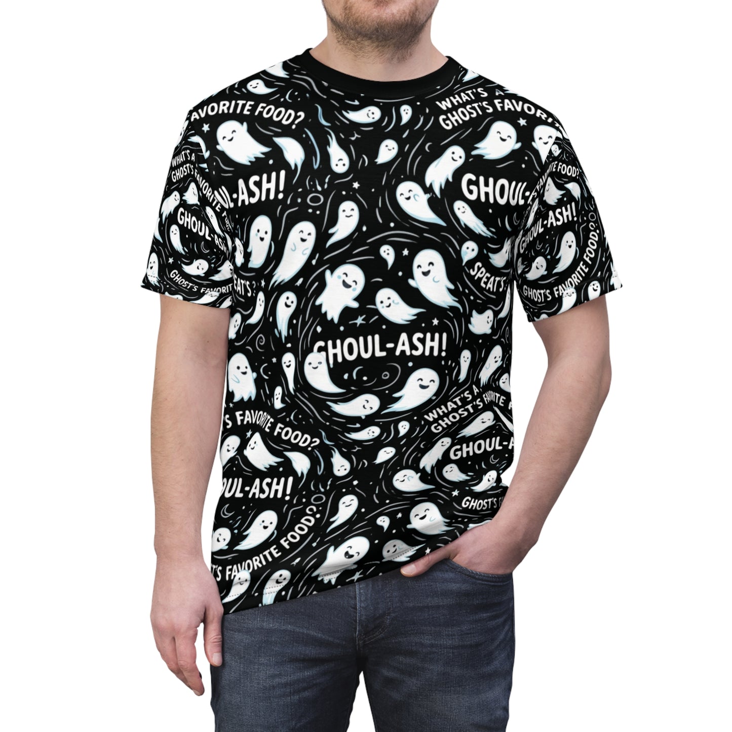 Ghost Pattern Tee — "Ghoul-ash! What's Ghosts' Favorite Food?" All-Over Print