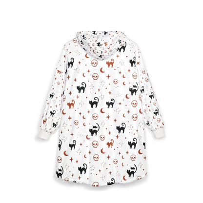 Black Cat & Moon Pattern Hooded Blanket | Halloween Cozy Wearable Blanket