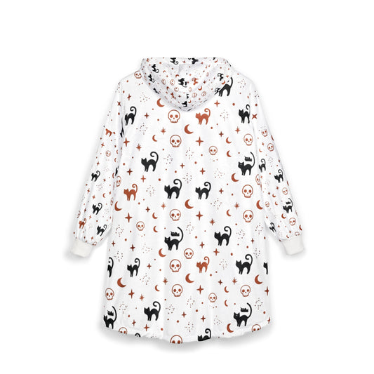 Black Cat & Moon Pattern Hooded Blanket | Halloween Cozy Wearable Blanket