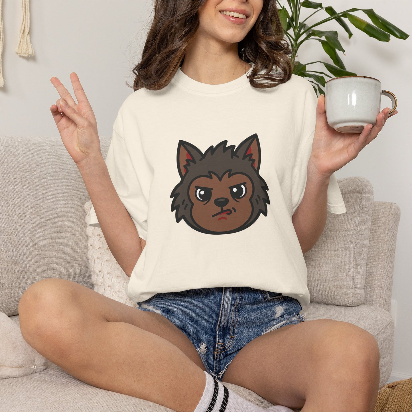 Werewolf Emoji T-Shirt — Cute Cartoon Wolf Face Graphic Tee