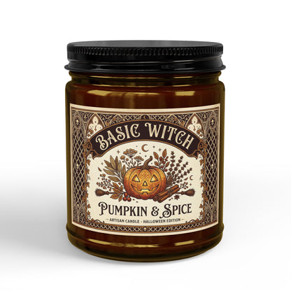 Pumpkin Spice Witch Label Candle Jar | Soy Candle with Black Lid