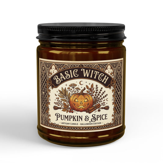 Pumpkin Spice Witch Label Candle Jar | Soy Candle with Black Lid