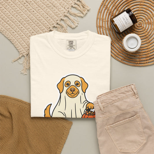 Halloween Puppy Ghost T-Shirt — Cute Dog Holding Jack-O'-Lantern Tee