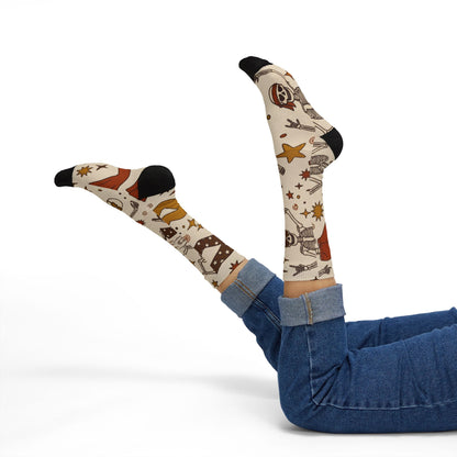 Vintage Space Astronaut Pattern Socks | Retro Stars Planet Crew Socks