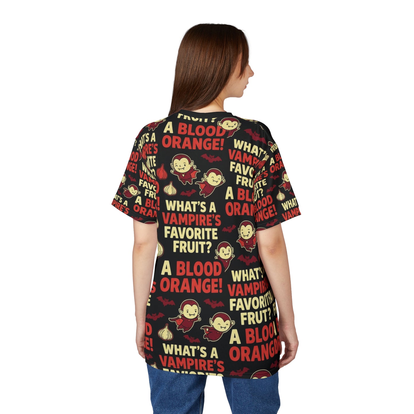 Vampire Joke Allover Tee — "A Blood Orange" Halloween Graphic Shirt