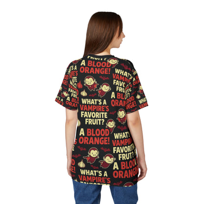 Vampire Joke Allover Tee — "A Blood Orange" Halloween Graphic Shirt